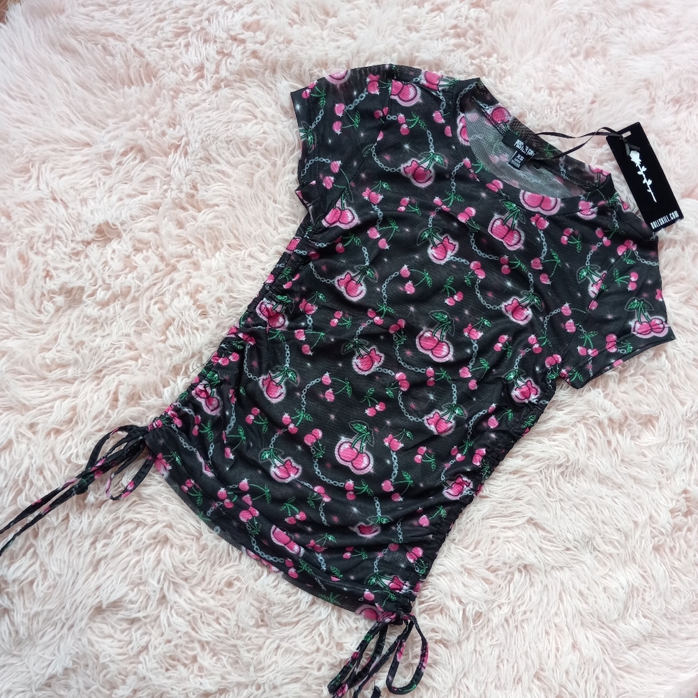 SOLD! Dolls Kill cherries ruched baby doll top! Sheer mesh kawaii cute nwt top! - Picture 4 of 13